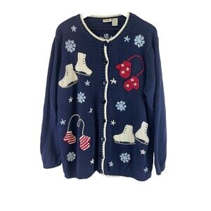 Cherokee Vintage Sweater Cardigan Ramie Cotton Blue Ice Skates Snowflake X 14/16
